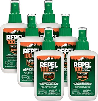 Repel进口代理批发 Repel 100 驱虫剂，驱除蚊子、蜱虫和蚊虫，适用于严重情况，保护时间长达 10 小时，98% 避蚊胺（泵式喷雾），4 液量盎司（6 件装）