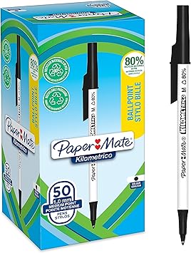 Paper Mate进口代理批发 Paper Mate Kilometrico 圆珠笔 |中号长书写（1.0mm）|黑色墨水| 80% 再生塑料 | 50 件