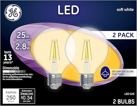 酷牌库|商品详情-GE进口代理批发 GE LED 灯泡，25 瓦，柔和白色，G25 球形灯泡，透明，中号底座（2 件装）