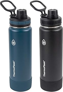 Thermoflask进口代理批发 ThermoFlask 24 盎司双壁真空绝缘不锈钢 2 件装水瓶，玛雅蓝/黑色