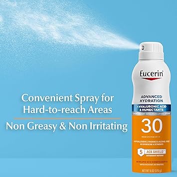 酷牌库|商品详情-Eucerin进口代理批发 Eucerin Advanced Hydration SPF 30 防晒喷雾，轻质防晒乳液喷雾，防过敏，不含香料和酒精，6 盎司喷雾瓶