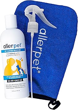 Allerpet进口代理批发 Allerpet 多宠物皮屑去除剂，免费使用手套和喷雾器 - 最佳过敏原宠物皮屑去除剂 - 用于狗/猫干性皮肤治疗 - 美国制造 - (12 盎司)