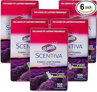 Clorox进口代理批发 Clorox Scentiva 织物软化干燥片 | Clorox Scentiva托斯卡纳薰衣草和茉莉花香的织物床单 |用于清新干净衣服的洗衣干衣片| 105 计数