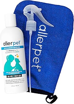 Allerpet进口代理批发 Allerpet 狗皮屑去除剂，带免费涂抹器手套和喷雾器 - 最佳过敏原宠物皮屑去除剂 - 适用于犬干性皮肤治疗 - 适合毛皮和皮肤 - （12 盎司）