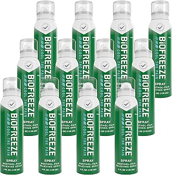 Biofreeze进口代理批发 Biofreeze 薄荷醇止痛喷雾 4 液量盎司无色气雾喷雾（12 件装），用于缓解与肌肉酸痛、关节炎、单纯背痛和关节痛相关的疼痛（包装可能有所不同）