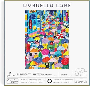 酷牌库|商品详情-Galison进口代理批发 Galison Umbrella Lane 1000 块拼图装在方盒中 - 明亮大胆的 27 英寸 x 20 英寸插图拼图，厚实坚固的拼图，成人有趣且具有挑战性的活动，独特的礼物创意！