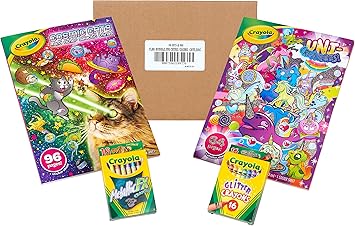 Crayola进口代理批发 Crayola Uni-Creatures 和宇宙猫涂色书套装 - 2 件装（96 页）、动物贴纸、金属蜡笔和闪光蜡笔