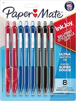 Paper Mate进口代理批发 Paper Mate InkJoy 300RT 可伸缩圆珠笔，中号，黑色/红色/蓝色墨水，8 支装 (1945918)