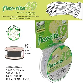 酷牌库|商品详情-The Beadsmith进口代理批发 Beadsmith Flex-Rite 49 股尼龙涂层、不锈钢串珠线、珠宝制作供应（0.018 直径，珍珠银 - 30 英尺）