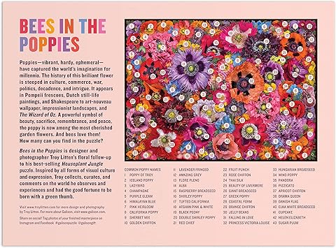 酷牌库|商品详情-Galison进口代理批发 Galison 的 Bees in The Poppies 1000 片拼图 - 美丽的 27 英寸 x 20 英寸拼图，配有 Troy Litten 的照片，厚实坚固的拼图，适合成人的挑战性活动，独特的礼物创意！