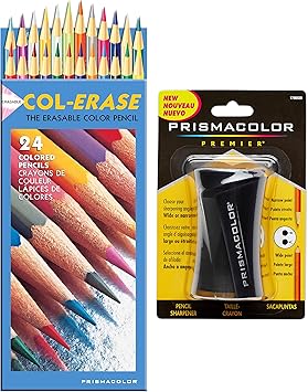 Prismacolor进口代理批发 Prismacolor Col-Erase 可擦彩色铅笔，24 种颜色套装，带卷笔刀