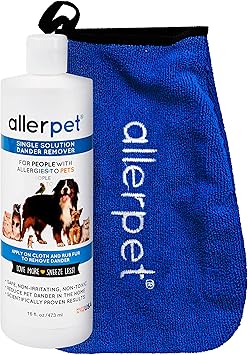 Allerpet进口代理批发 Allerpet Single Solution 16 液量盎司瓶装宠物去屑剂 - 缓解过敏 - 附赠手套，可轻松将溶液涂抹到您的宠物身上