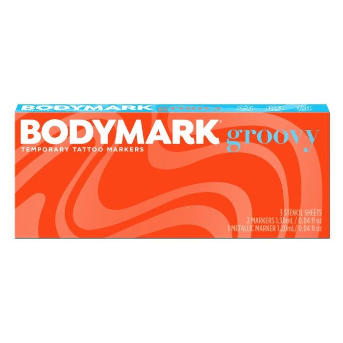 酷牌库|商品详情-BIC进口代理批发BODYMARK Groovy Pack、皮肤临时纹身记号笔、高级刷头、对皮肤安全的临时纹身记号笔套装 3-Count Marker Set, 6 Stencil Designs