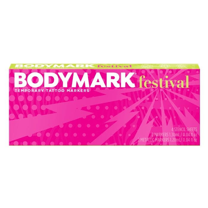 BIC进口代理批发BODYMARK Festival Pack、皮肤临时纹身笔、高级刷头、皮肤安全临时纹身笔套装 4-Count Marker Set, 7 Stencil Designs