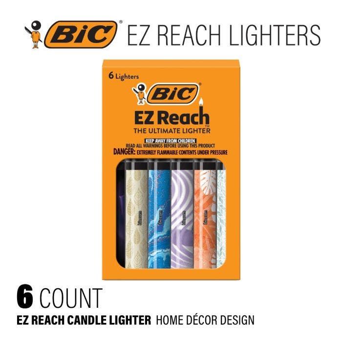 BIC进口代理批发BIC EZ Reach 蜡烛打火机，带加长棒的终极打火机，适用于烧烤架和火坑（1.45 英寸），家居装饰设计 6-Pack (Assortment of Designs will Vary)