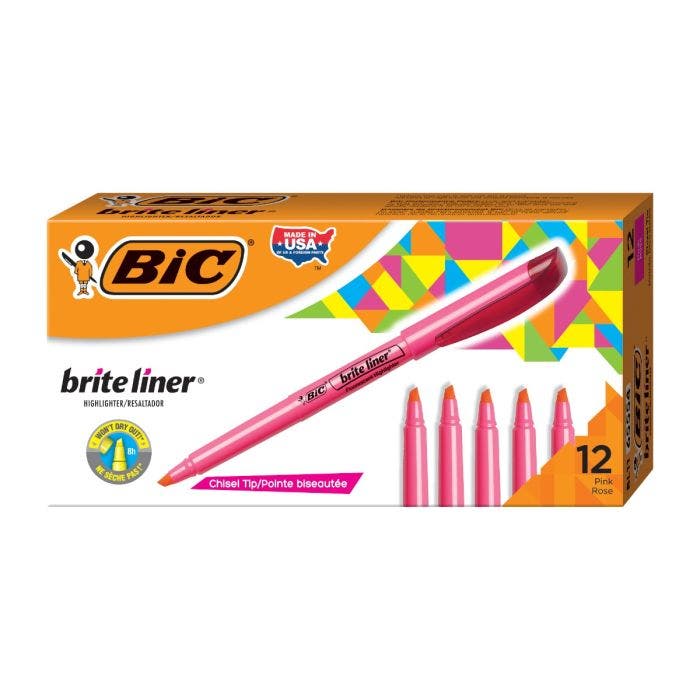 BIC进口代理批发BIC Brite Liner 荧光笔，凿尖，粉色，理想的荧光笔套装，用于整理和着色 12-Count