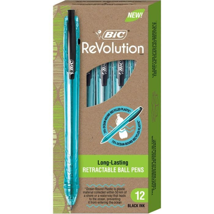 BIC进口代理批发BIC Revolution Ocean-Bound 73% 再生塑料圆珠笔，中号笔尖（1.0 毫米），100% 再生包装 Black, 12-Count