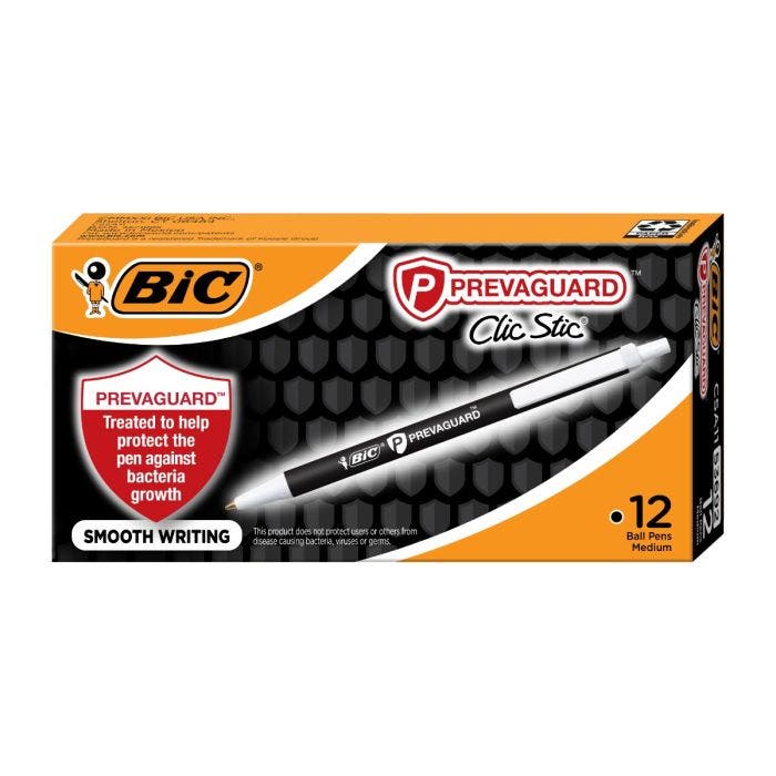 BIC进口代理批发BIC PrevaGuard Clic Stic 圆珠笔，内置细菌生长抑制，中号笔尖（1.0 毫米），黑色 12-Count