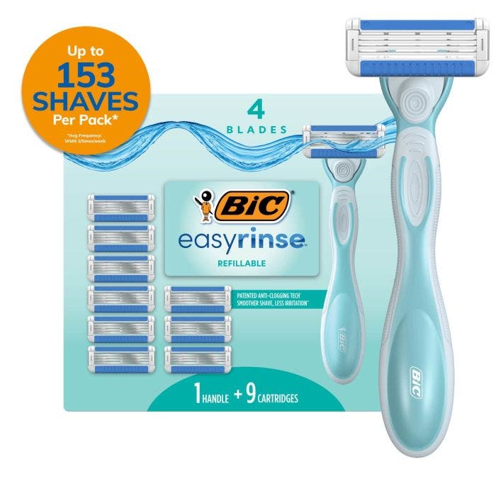 BIC进口代理批发BIC EasyRinse 防堵塞、可补充式女式剃须刀，带 4 个刀片 1 Handle and 9 Refill Razor Cartridges Razor Kit