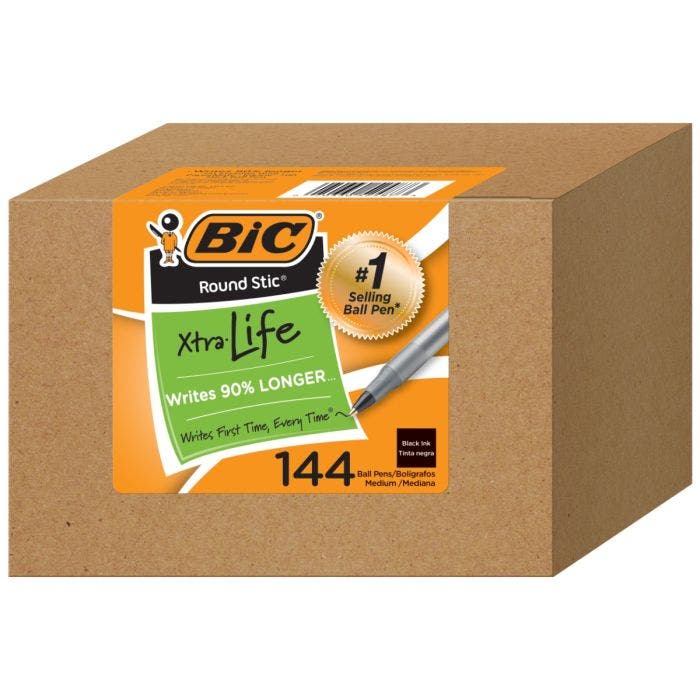 BIC进口代理批发BIC Round Stic Xtra Life 黑色圆珠笔，中号笔尖（1.0 毫米），散装笔，灵活的圆形笔杆，书写舒适，销量第一的圆珠笔 144-Count