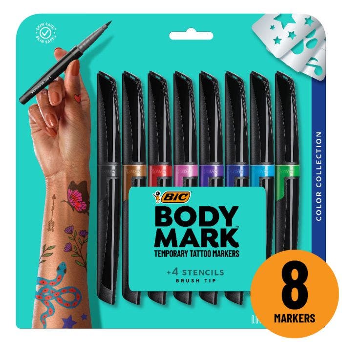 BIC进口代理批发BODYMARK，临时纹身标记 Assorted Colors, 8-Count