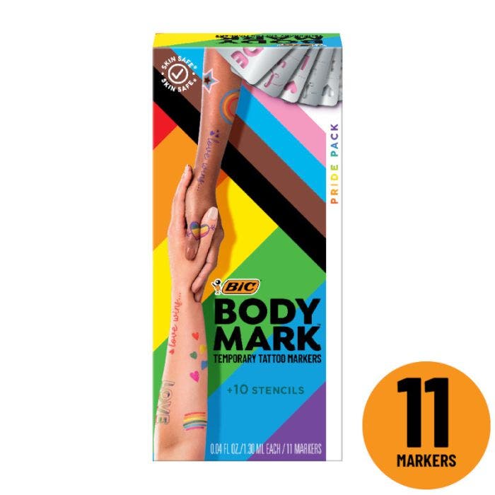 BIC进口代理批发BODYMARK 皮肤临时纹身标记、Pride Pack、灵活刷头 11-Count Pack of Assorted Colors Plus Stencils