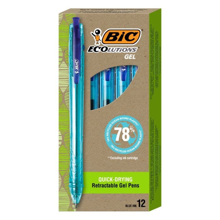 BIC进口代理批发BIC Ecolutions 远洋塑料中性笔，中号 (0.7 毫米)，可伸缩蓝色墨水笔，由 78% 远洋再生塑料制成，不包括墨盒 12-Count