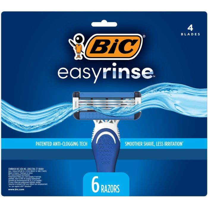 BIC进口代理批发BIC EasyRinse 防堵塞男士一次性剃须刀，剃须更顺畅，4 个刀片剃须刀 6-Pack