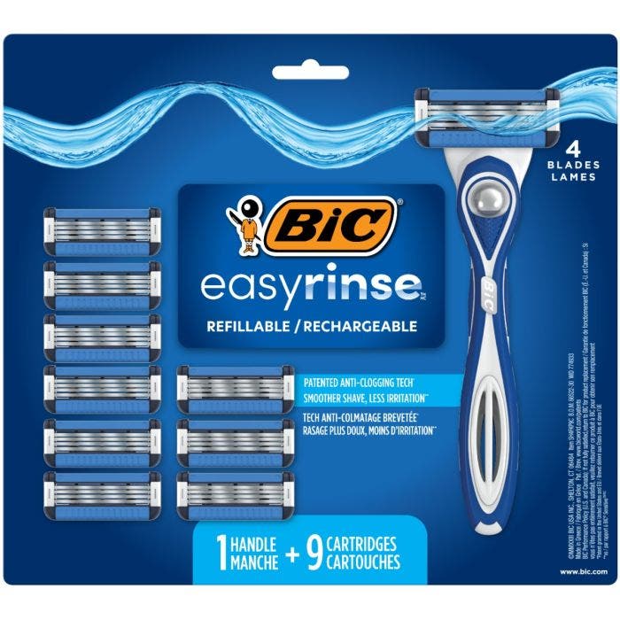 BIC进口代理批发BIC EasyRinse 防堵塞、可填充男士剃须刀，带 4 个刀片，剃须刀套件 1 Handle and 9 Refill Razor Cartridges