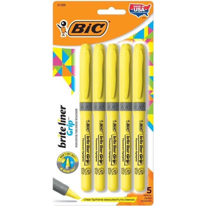 酷牌库|商品详情-BIC进口代理批发BIC Brite Liner Grip 荧光笔 Yellow, 5-Pack