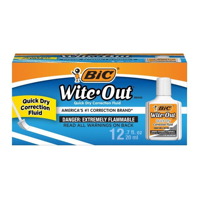 BIC进口代理批发BIC Wite-Out 品牌速干涂改液，20 毫升瓶，白色 12-Count