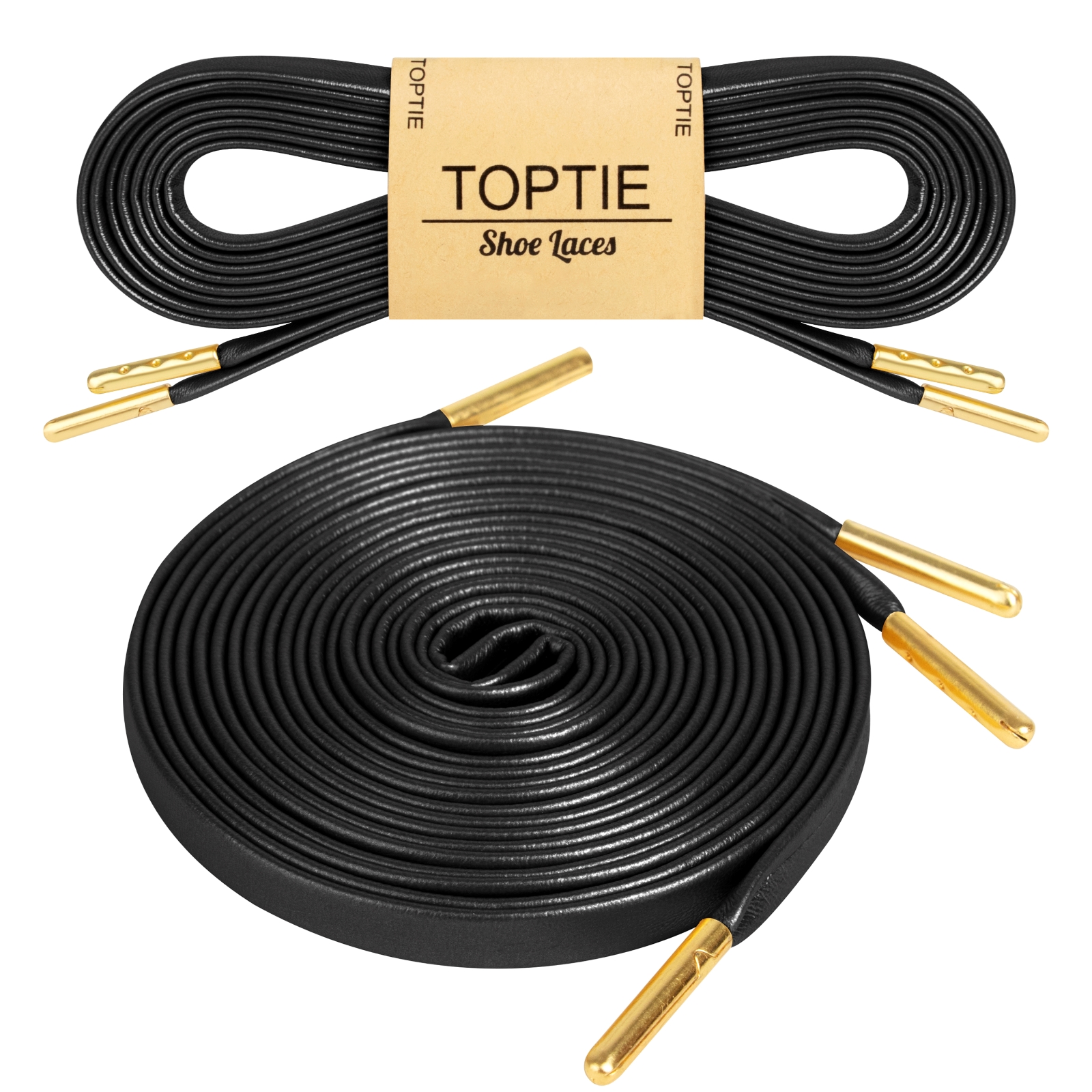 Toptie 2 Pairs Leather Shoe Laces Black Shoelaces for High Top, 72 inch Flat String with Gold Metal Tip