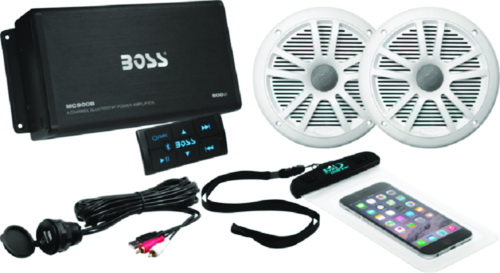 Boss Audio Systems进口代理批发 Boss 500 瓦/4 通道蓝牙放大器，带一对船用扬声器和 USB 电缆