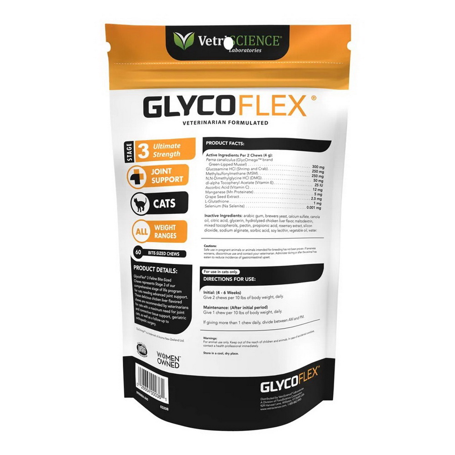 酷牌库|商品详情-VetriScience Laboratories进口代理批发 Glyco Flex 3 猫髋关节和关节补充剂，60 克拉