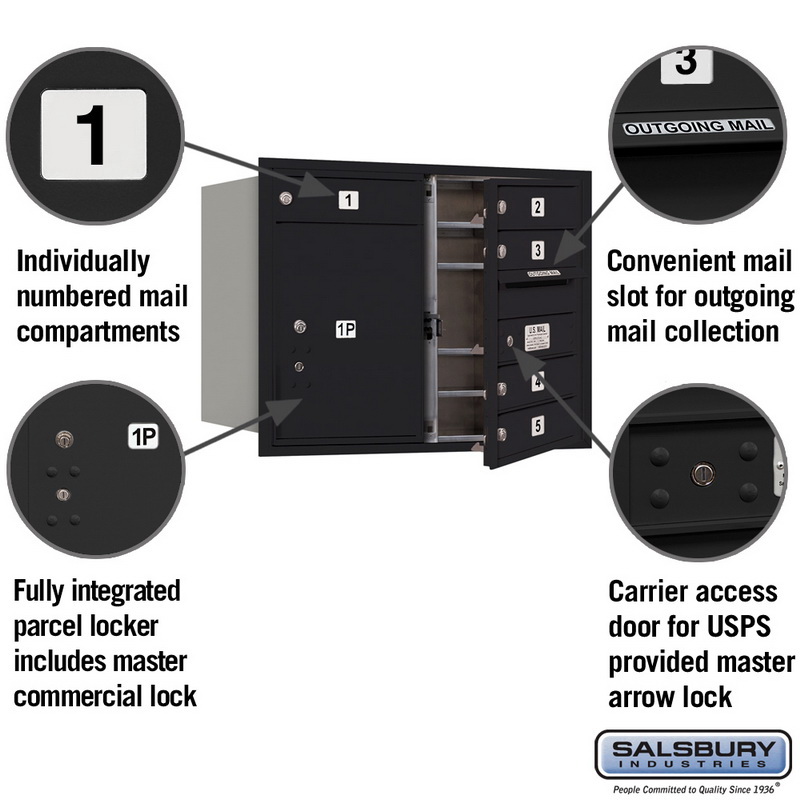 Salsbury Industries 3706D-05BFU 6 Door High Recessed Mounted 4C Horizontal Mailbox with 5 Doors and 1 Parcel Locker in Black with USPS Access - Front Loading