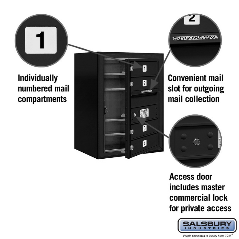 Salsbury Industries 3806S-04BFP 6 Door High Surface Mounted 4C Horizontal Mailbox with 4 Doors in Black with Private Access