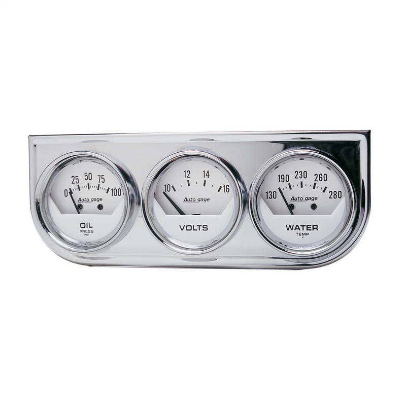 AutoMeter进口代理批发 AutoMeter 2325 仪表控制台，OILP/WTMP/VOLT，2"，100PSI/280 度 F/16V，白色表盘，镀铬 BZL，AG