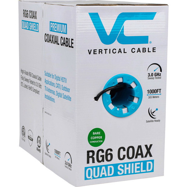 酷牌库|商品详情-Vertical Cable进口代理批发 垂直电缆 RG-6/U 实心铜质 18 AWG 四屏蔽 CM 同轴电缆 黑色 1000 英尺