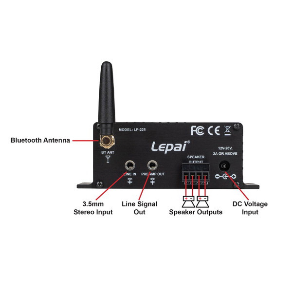 酷牌库|商品详情-Lepai进口代理批发 Lepai LP-225 12-20 VDC 2 x 25W 迷你蓝牙放大器，带 3.5mm 线路输入和前置放大器线路输出