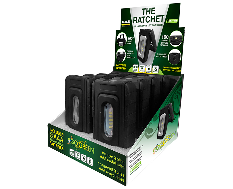 Go Green Power进口代理批发 Go Green Power THE RATCHET COB LED 工作灯 300 流明 - 8 件显示屏