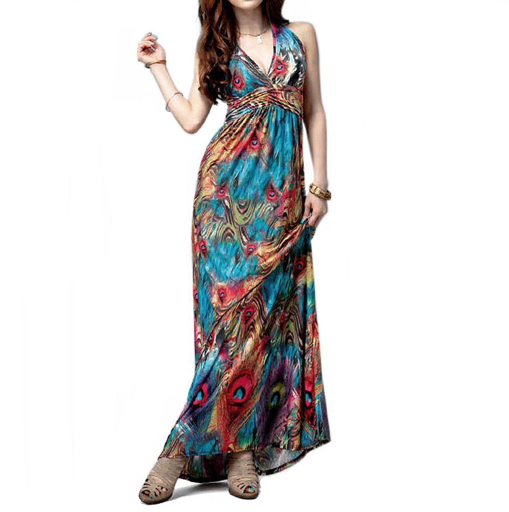 Opentip.com: TopTie Flaming Peacock Feather Print Empire Waist Maxi Dress