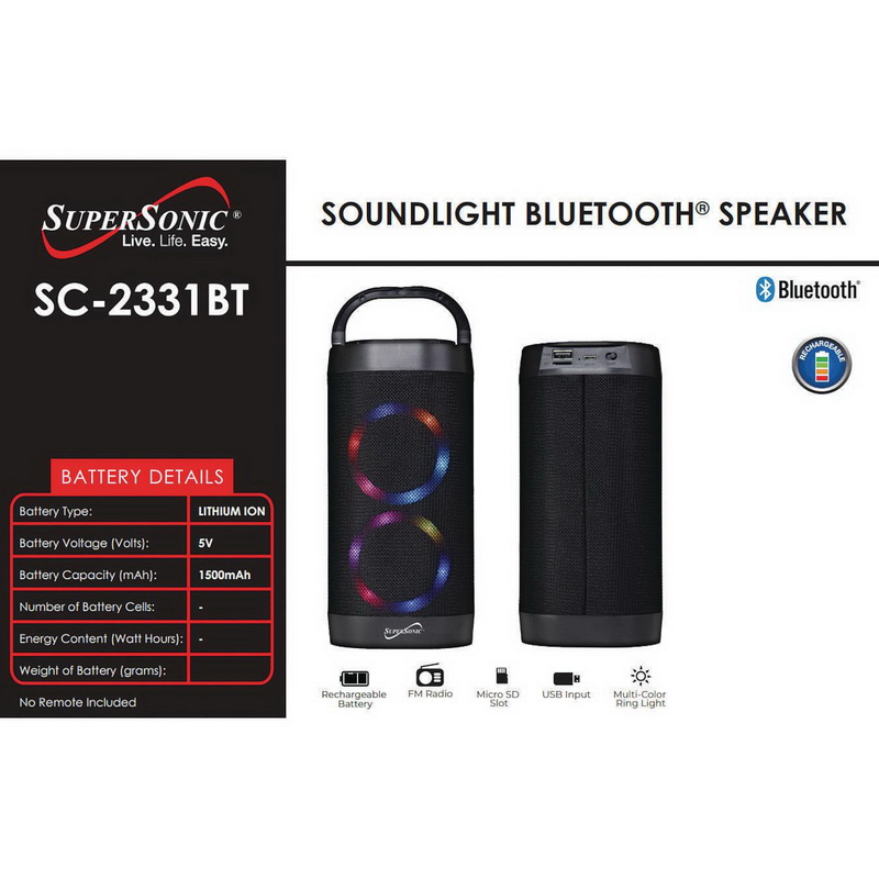 酷牌库|商品详情-Supersonic进口代理批发 Supersonic 20012 SuperSonic SoundLight+ 蓝牙? 扬声器 7.87 英寸高 - 便携式和可充电