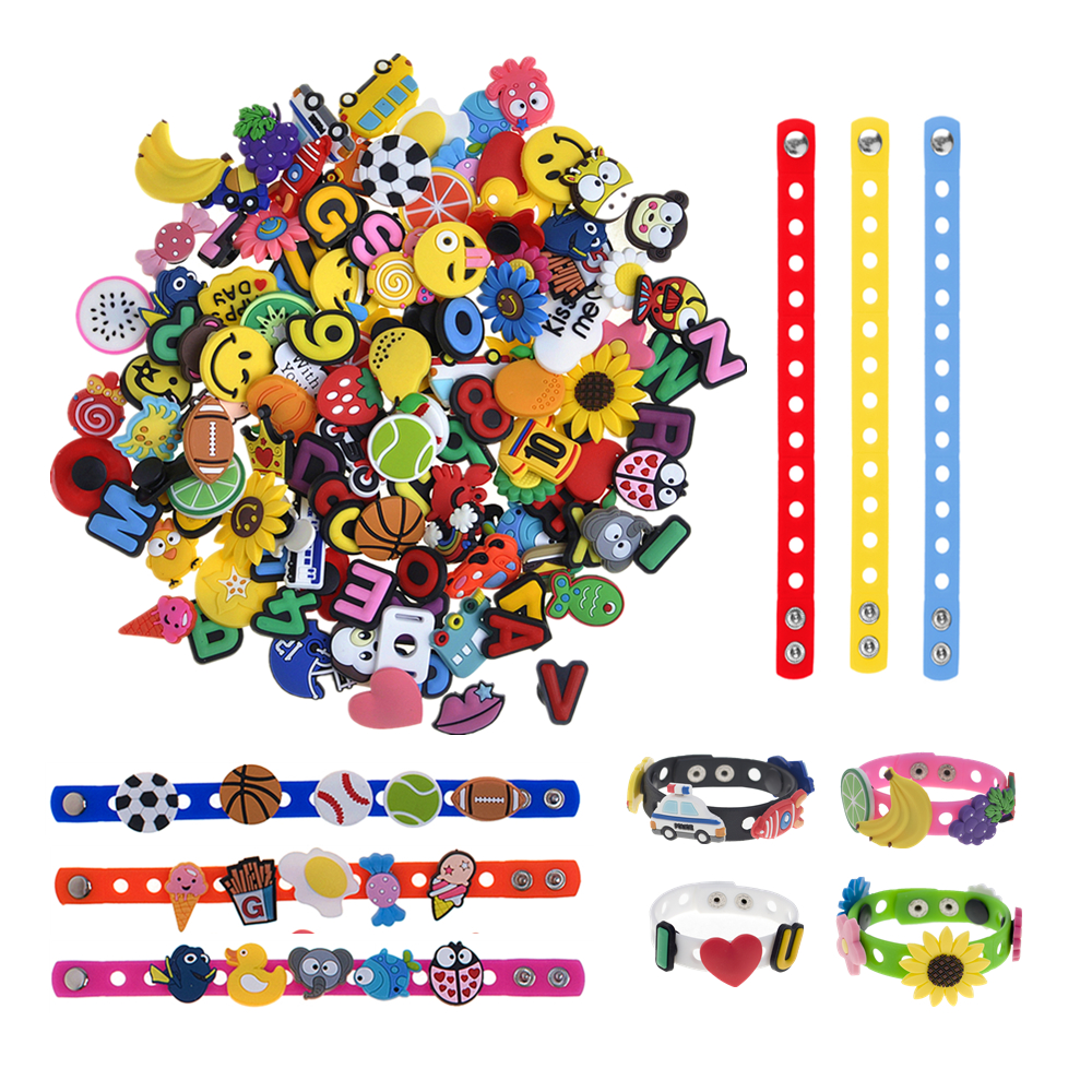 Toptie 120 PVC Shoe Charms 10 Silicone Bracelets for Kids, Charm Fits for Clog Shoes, Party Gift