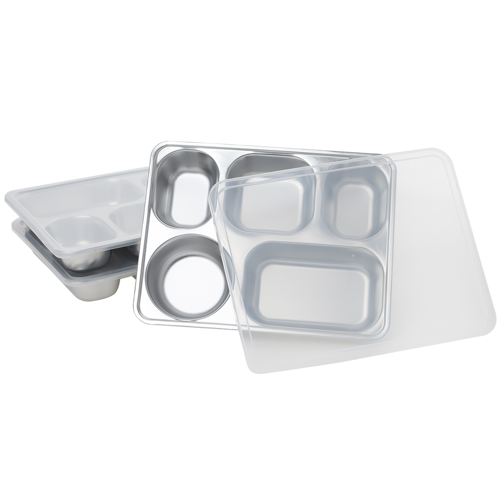 Aspire Reusable Stainless Steel Bento Box,Divided Dinner Trays with Cover,  1 Set-4 Sections