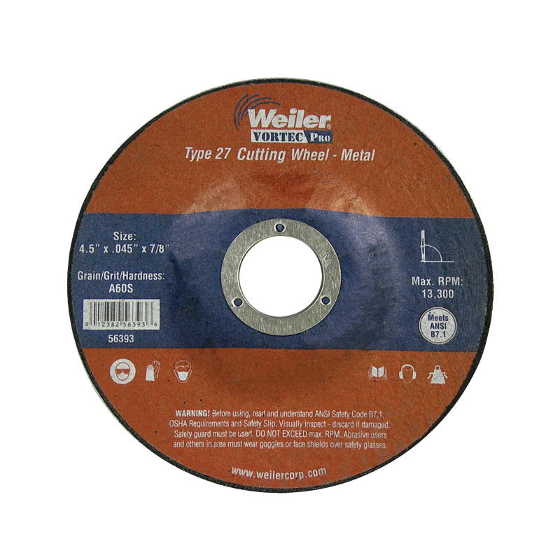 WEILER进口代理批发 WEILER 7156430 4-1/2" 直径，1/8" 厚度，A24R 粒度，7/8" 心轴孔，13,300 最大转速