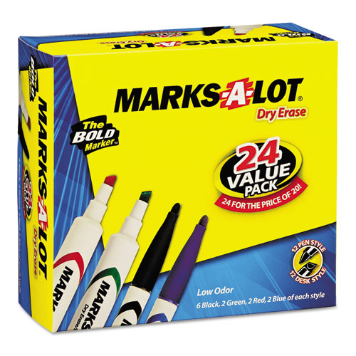 Marks-A-Lot进口代理批发 Marks-A-Lot AVE29870 MARKS A LOT 桌/笔式干擦记号笔超值套装，什锦宽子弹头/凿子笔尖，什锦颜色，24 支/包 (29870)