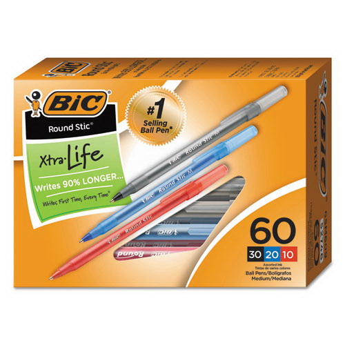 酷牌库|商品详情-BIC进口代理批发 BIC BICGSM609AST 圆形 Stic Xtra 精密圆珠笔超值装，棒状，中号 1 毫米，多种墨水和笔杆颜色，60 支/包