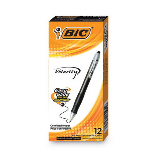 BIC CORPORATION进口代理批发 BIC CORPORATION BICVLG11BK Velocity Easy Glide 圆珠笔，可伸缩，中号 1 毫米，黑色墨水，半透明黑色笔杆，多支