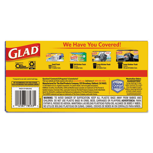 酷牌库|商品详情-Glad进口代理批发 Glad CLO78902BX OdorShield 高厨房抽绳袋，13 加仑，薰衣草微风香味，24 英寸 x 27.38 英寸，白色，80 个/盒