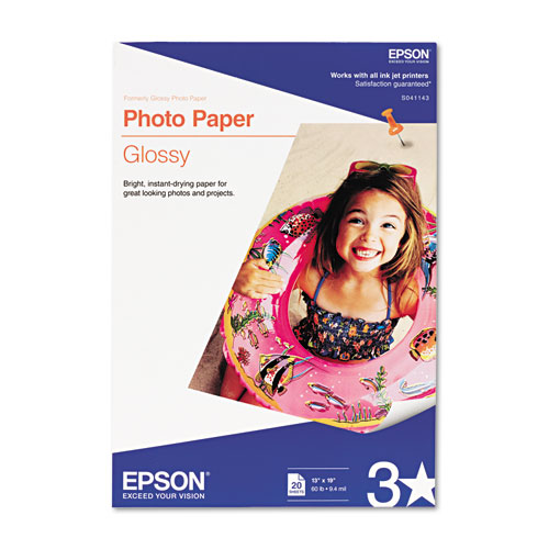 Epson进口代理批发 Epson EPSS041143 光面相纸，940 万张，13 x 19，光面白色，20 张/包